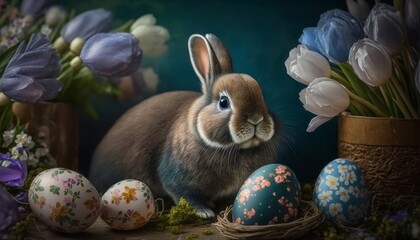 Fototapeta na wymiar Cute Bunny with Eggs In Flower. Spring holiday background. Generative AI