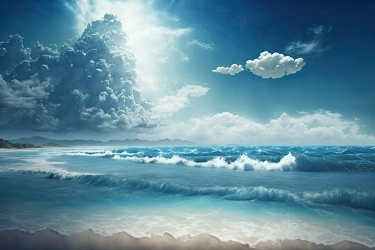 Oceanic scenery with lots of light. White clouds and a blue sky with waves. Generative AI