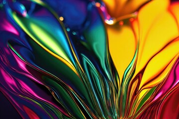 3D rendered computer generated image of a liquid metal rainbow. Bright and colorful polychromatic texture with metallic finish to look like metal paint splatters for a multi-colored 3D shaded look