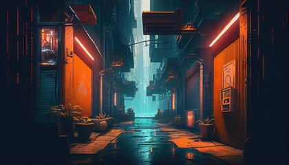 3D rendered computer generated image of a futuristic neo cyberpunk urban alleyway. Bright blue light in empty alley with no people. Inner city buildings and modern architecture look and feel