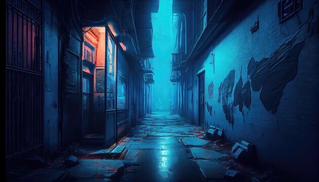 3D rendered computer generated image of a futuristic neo cyberpunk urban alleyway. Bright blue light in empty alley with no people. Inner city buildings and modern architecture look and feel