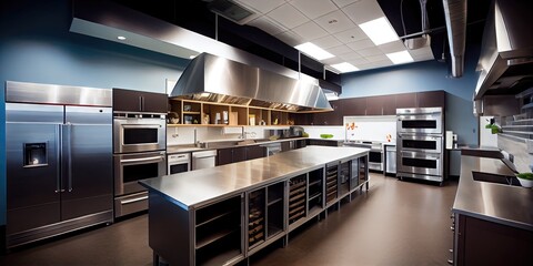 Commercial kitchen with stainless steel - empty kitchen filled with everything a restaurant or food business needs