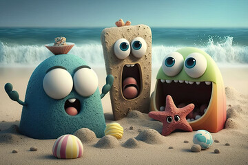 Funny squishy rubber cartoon characters as a family at the beach, generative ai illustration - obrazy, fototapety, plakaty