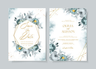 Watercolor wedding invitation template set with slate gray floral and leaves decoration