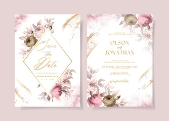 Watercolor wedding invitation template set with pink floral and leaves decoration