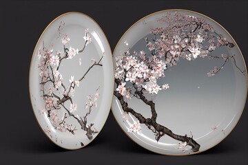 Round plate ornated with blossoming sakura, 3d reference model, ai generated. Generative AI - obrazy, fototapety, plakaty