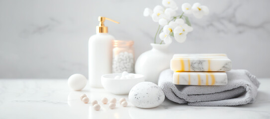 Obraz na płótnie Canvas Soap, towel in bathroom, on blurred spa background. with copy space. digital art