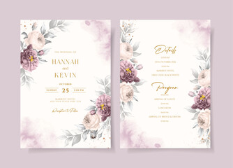 Watercolor wedding invitation template set with purple white floral and leaves decoration