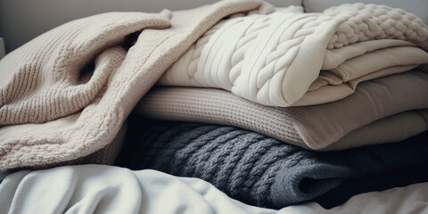 Fototapeta na wymiar Stack of cozy knitted sweaters. digital art