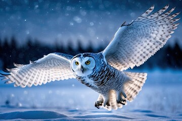 On Ottawa, Canada, a snowy owl (Bubo scandiacus) glides through the air before touching down in the snow. Generative AI