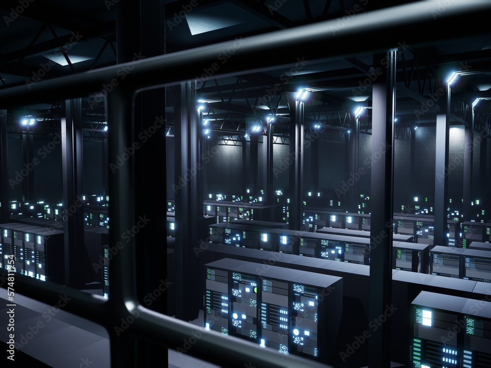 Poster cyberspace data center filled with server racks cabinets, networking digitalization in server room. 
