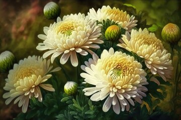 Chrysanthemum, Beautiful flowers, A garden filled with blooming flowers and lush greenery, Serene and peaceful, Soft and inviting