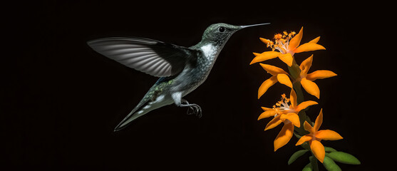 Naklejka premium Hummingbird is sucking the nectar out of the pink purple fuchsia flowers on dark background. digital art