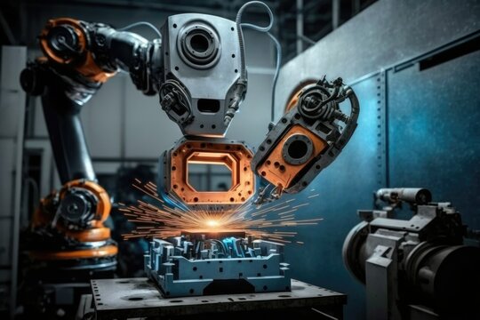 Spot welding robots are used to put together vehicle parts. Production of high tech cars using a hands off robotic system. Generative AI