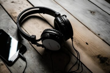View of black headphones from above, resting on a white wooden table. Generative AI