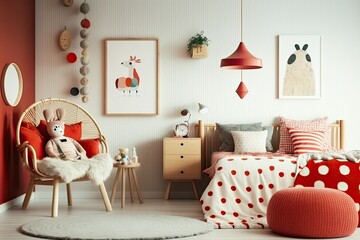 With a bed, a red armchair, plush toys made of wood and plush materials, and textile hanging decorations, this warm Scandinavian child's room is stylishly composed. Wall art, carpeting on the floor