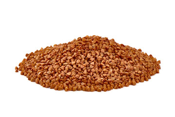 Buckwheat grains in a bowl, isolated on white background.