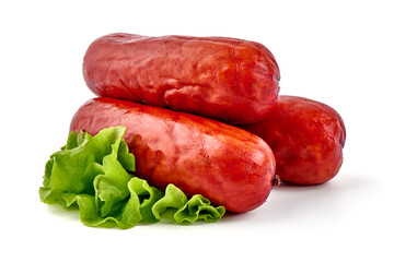 Smoked Pork sausages, close-up, isolated on white background.