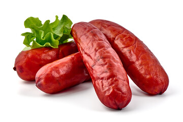 Smoked Pork sausages, close-up, isolated on white background.