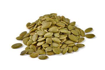 Pumpkin seeds or pepitas, isolated on white background.
