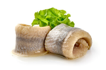 Atlantic salted herring fillet, isolated on white background.