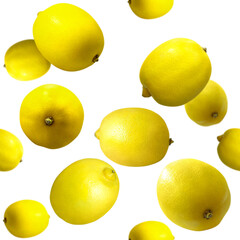 png. yellow ripe lemons scattered. pattern, module. close-up. isolated.