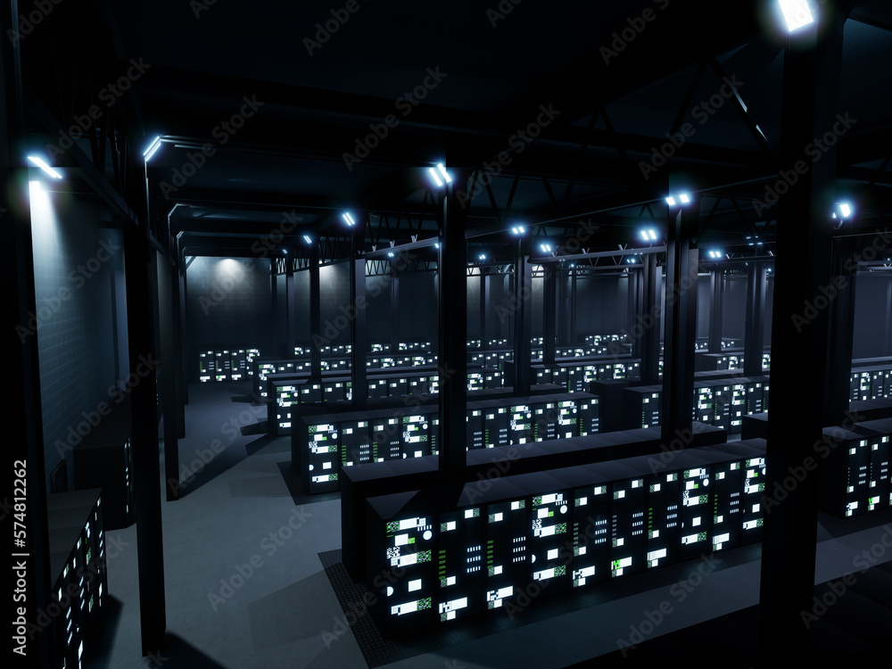 Poster cyber security data center with hardware cabinets, modern server room with hosting servers for digit