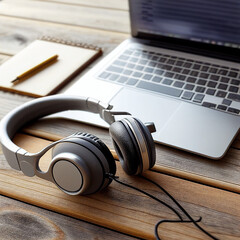 Obraz na płótnie Canvas Laptop. Headphone, notepad, pen and coffee on wooden table