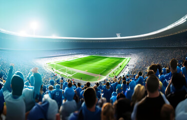 Cinematic Football stadium background with full of crowded audience, generative ai, football fans or supporters chanting and celebrating in soccer ground  - obrazy, fototapety, plakaty
