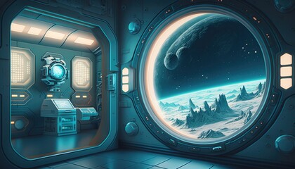 Beyond the Horizon: A Futuristic Space Room with Stunning Views of a Planet, AI generative