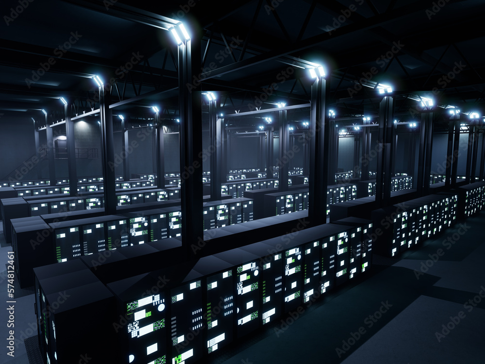 Poster empty supercomputer server room with big data and artificial intelligence used for cloud computing a