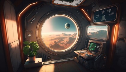 Galactic Luxury: A Futuristic Room with a View of Space, AI Generative