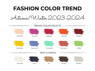 Fashion Color Trend Autumn - Winter 2023 - 2024. Trendy colors palette guide. Fabric swatches with color names. Easy to edit vector template for your creative designs