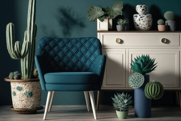 Retro modern living room with blue navy commode, cacti in lastrico pot, design armchair with pillow, organizer, and elegant personal accessories. Interior design. Template. Generative AI