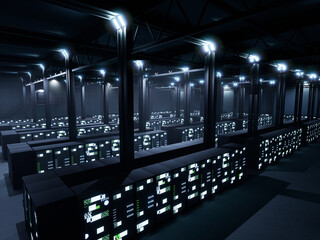 Empty supercomputer server room with big data and artificial intelligence used for cloud computing and networking concept. Modern data center filled with server racks for blockchain.