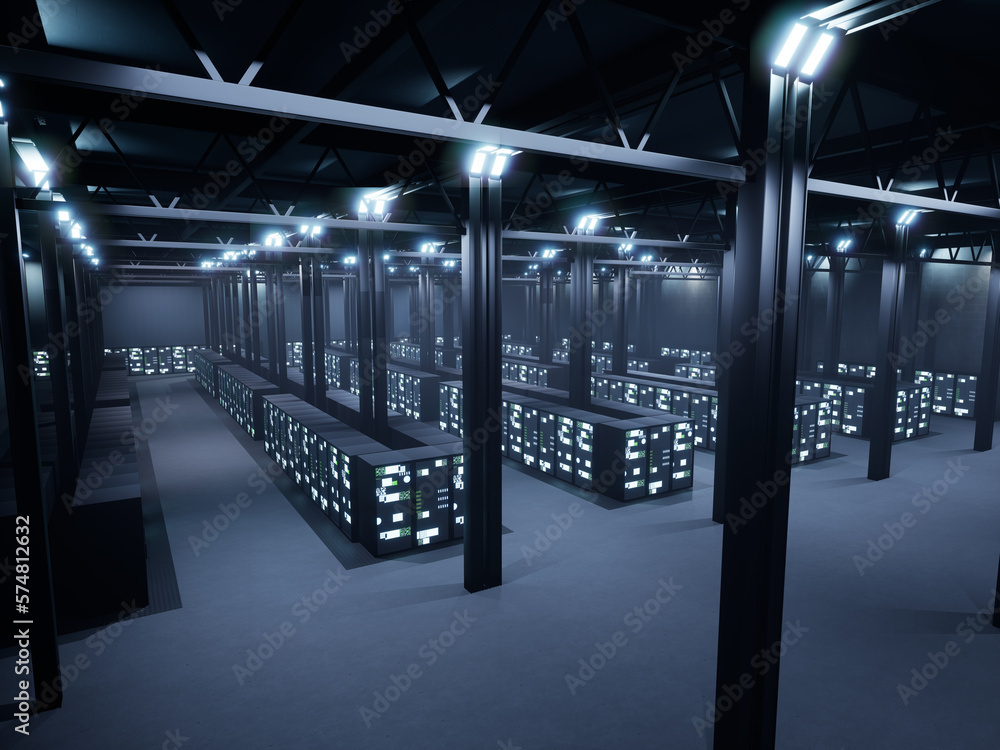 Poster modern data center filled with server racks and database hardware system, cloud computing. hosting s