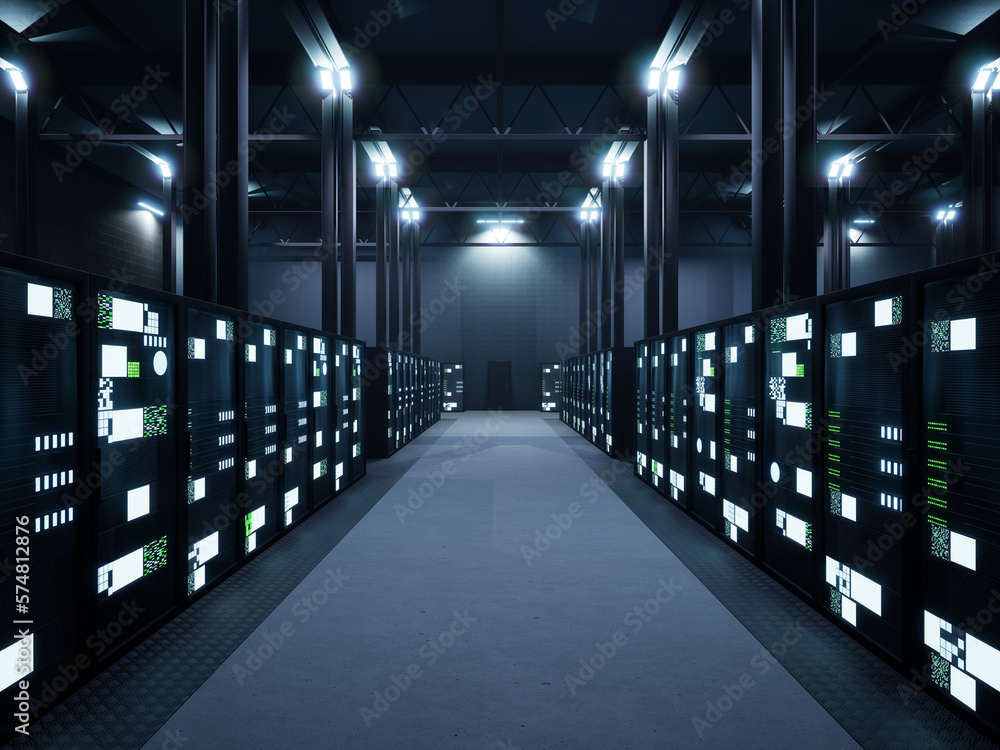 Poster data center space with multiple rows of server racks, digital supercomputer technology. modern high 