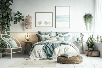 Bohemian coastal bedroom mockup. Generative AI