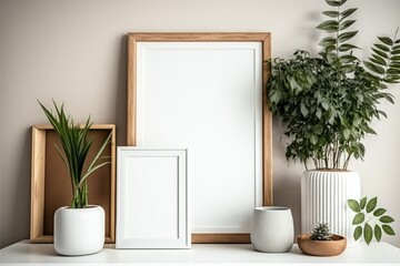 Elegant room with mock-up photo frame on brown bamboo shelf containing lovely plants in hipster and design pots. walls. Elegant floral shelf. Generative AI