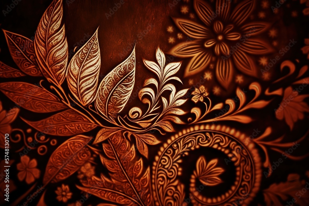 Poster wooden background with carving floral pattern. generative ai illustration