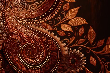 Carving over wooden table with floral Indian pattern. Generative AI illustration