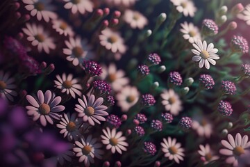 Obraz premium Pink and purple close up tiny flowers background. Focus on foreground. Generative AI illustration