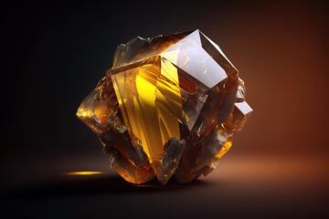 Citrine gemstone close up. Yellow crystal. Dark background. Generative AI illustration