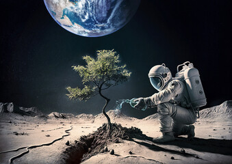 Astronaut watering a young tree on the Moon.  Image with vintage film camera effects. Elements of this image furnished by NASA.