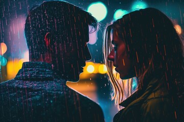 Illustration of a loving couple staring at each other, under the rain illuminated by neon lights. Ai generated.