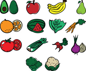 Produce illustrations. Fruit and vegetable collection hand-drawn. Vector illustrations.