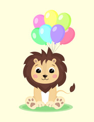 Cute happy smiling cartoon little lion character with colored balloons. Vector illustration