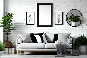 Sofa, houseplant, and blank photo frames on white brick wall. Generative AI