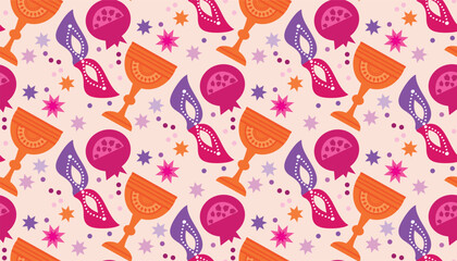 Purim - holiday  jewish carnival  seamless pattern   Carnival mask, Hamantashen, confetti, clown, garland, hat, firework,  Purim Jewish festival concept  Vector festive illustration
