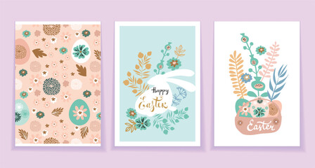 Fototapeta na wymiar Happy Easter template set cards, banners, posters in flat cartoon style with easter eggs , spring flowesr, easter bunny Vector abstract art trendy modern illustration set